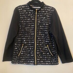 Onque Casual Womens Full Zipper Jacket XL Black Lace Long-Sleeve Gold Accents